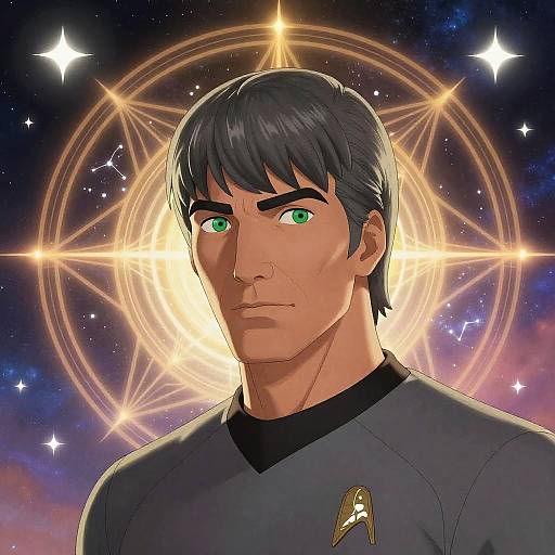 Digital anime-style portrait of a stern-faced man with green eyes, short black hair, wearing a Starfleet uniform, against a glowing magical star circle background