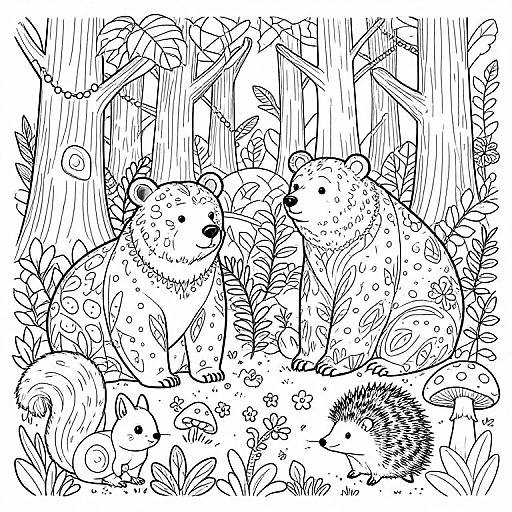 Black-and-white line drawing of whimsical forest scene with three spotted hedgehogs, rabbits, and various plants and trees. Intricate, detailed,