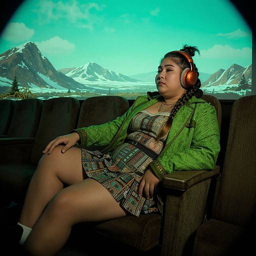 Photograph of a plus-size Latina woman with braided hair, wearing a green cardigan and plaid dress, listening to music with orange headphones,
