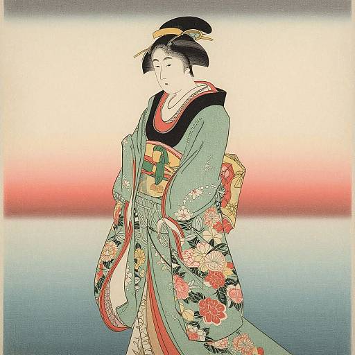 Traditional Japanese woodblock print of a serene woman in a floral kimono, with a black hairpin, standing against a gradient sky and water background.