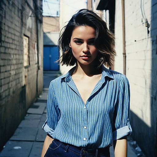 Woman with Shadow Root Hairstyle in Urban Alley