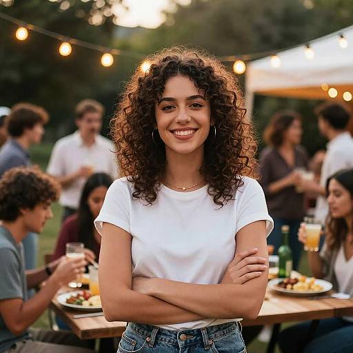 Photograph of a smiling young woman with curly brown hair, wearing a white t-shirt and denim jeans, standing with arms crossed at an outdoor evening gathering