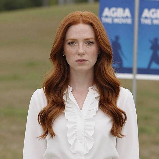 Red-Haired Woman in White Ruffled Shirt Outdoors