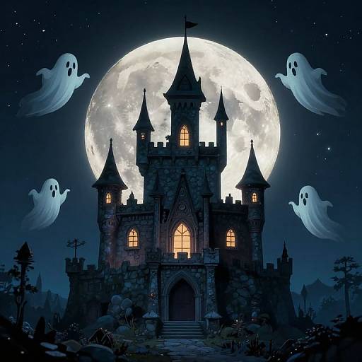 Digital illustration of a spooky, dark castle with glowing windows, under a bright full moon, surrounded by floating ghostly figures.