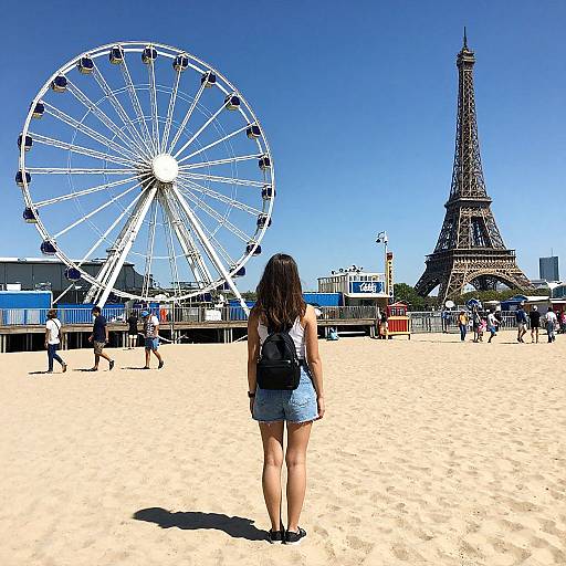 Photograph of a woman with long brown hair, wearing a blue denim skirt and black backpack, standing on sandy ground facing a large Ferris wheel and
