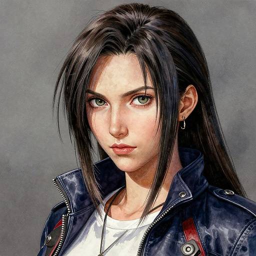 Digital painting of a young woman with long black hair, green eyes, wearing a black leather jacket and white shirt, with a gray background.