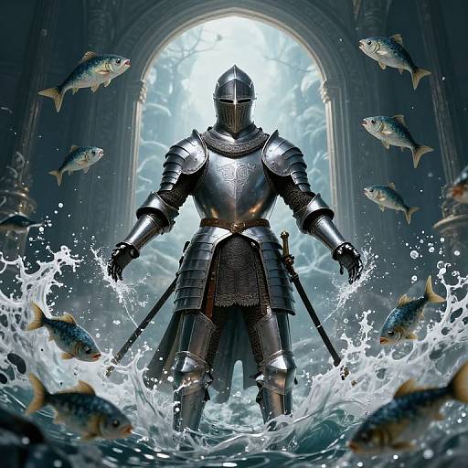Digital artwork of a armored knight with a fish-scaled helmet, standing in splashing water, surrounded by flying fish, under a bright arched window