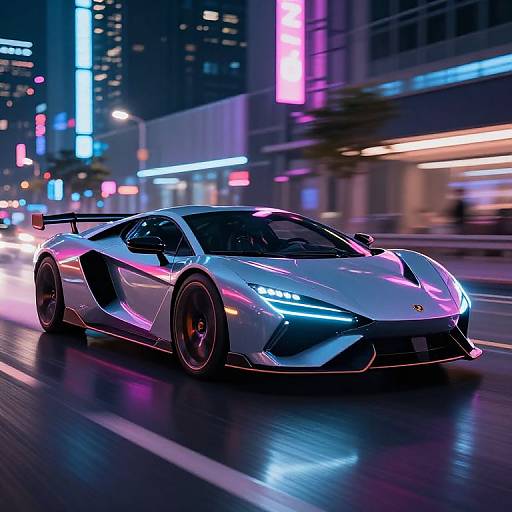 Photograph of a neon-lit, silver Lamborghini Huracán speeding through a vibrant, urban night street with colorful neon signs in the background.