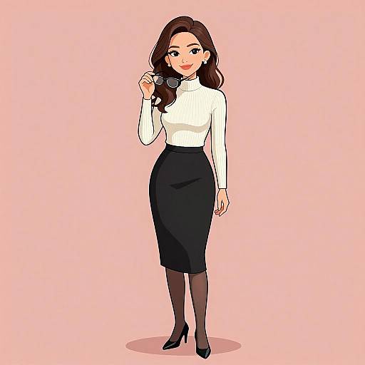 Digital illustration of a smiling woman with long brown hair, wearing a white turtleneck, black skirt, and black heels, holding glasses against a pink