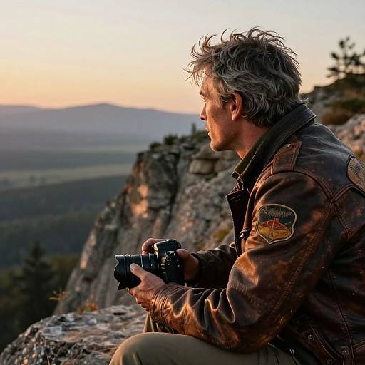 Photograph of a grey-haired man in a brown leather jacket, holding a camera, sitting on a rocky cliff at sunset, with a mountainous landscape