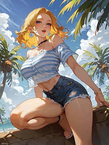 Stylish Woman in Denim Shorts by Palm Trees