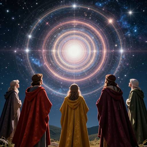 Photograph of five robed figures, four men and one woman, gazing at a glowing, multicolored celestial ring in a starry night