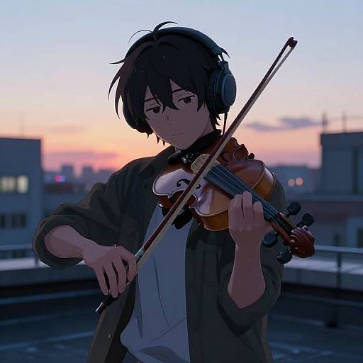 Anime-style digital artwork of a young man with short black hair, wearing headphones, playing a violin on a rooftop at sunset.