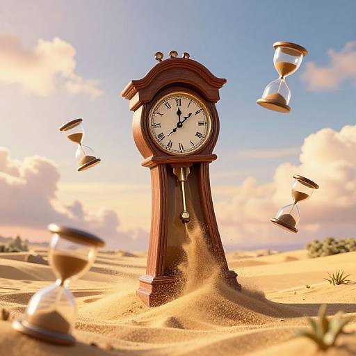 Photograph of an antique wooden clock standing in a sunlit desert, with several hourglasses floating and tipping around it.