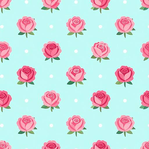 Seamless pattern of pink roses with green leaves and white polka dots on a light blue background. Digital art.