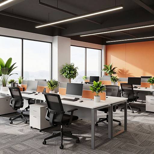 Modern office photograph with black chairs, white desks, orange accent wall, large windows, potted plants, and gray patterned carpet.