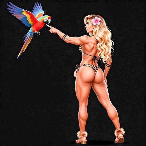 Strong Woman with Colorful Parrot Illustration