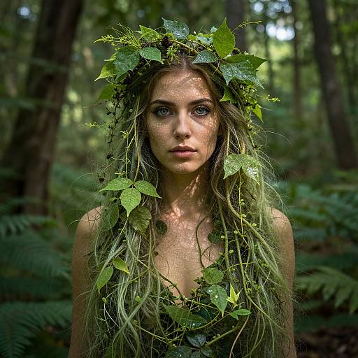 Photograph of a young woman with long, green-leaf adorned hair, wearing a leafy crown, standing in a lush, forested background.