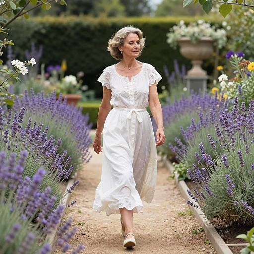 Photograph of a middle-aged woman with short, wavy blonde hair, wearing a white, lace-trimmed dress, walking down a lavender garden