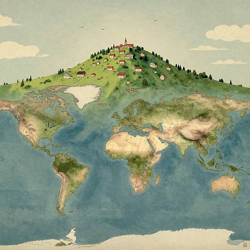 Colorful world map illustration showing a small hill with red-roofed houses, green hills, and pine trees in the center.
