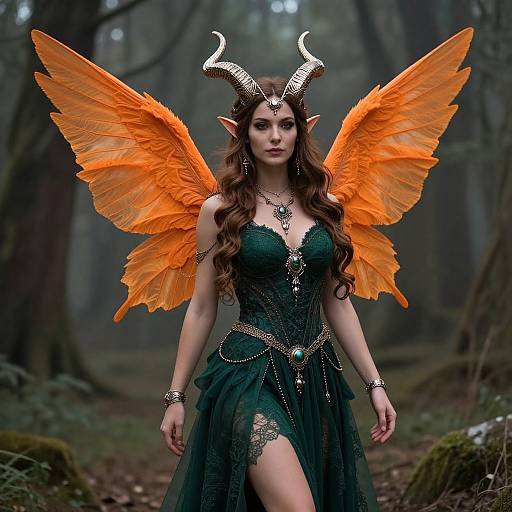 Photorealistic fantasy image: Elven woman with long brown hair, orange dragon wings, green lace dress, horned headpiece, forest background.