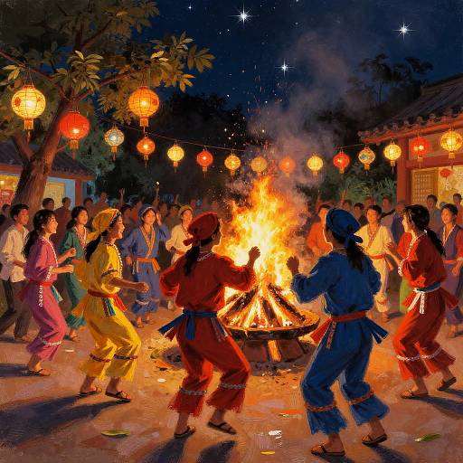 Festive Night Dance Around Bonfire