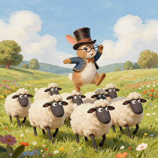 Cartoon bunny in top hat and glasses, jumping on black-headed sheep in colorful meadow, bright blue sky with fluffy clouds.