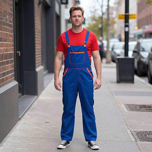 Photograph of a young, Caucasian man with short brown hair and beard, wearing red shirt, blue overalls, and black sneakers, standing on a