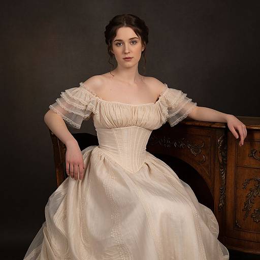 Photograph of a fair-skinned woman with dark hair in an off-shoulder, cream-colored, Victorian-style dress, seated against a dark background