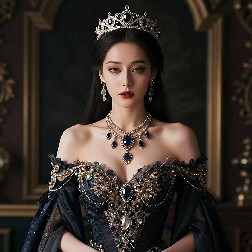 Photograph of a regal woman with dark hair, red lipstick, wearing an ornate black gown, jeweled necklace, and crown, against a