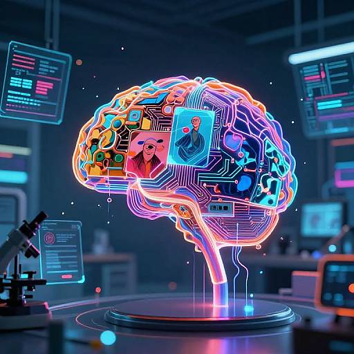 Neon-lit, digital brain hologram with circuit patterns floating in a futuristic lab, surrounded by glowing screens and high-tech equipment.