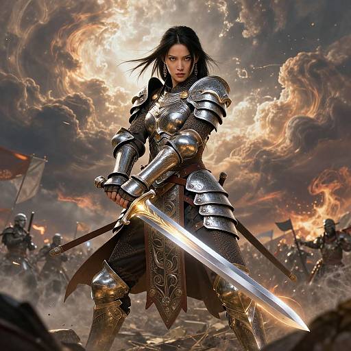 Digital art of a fierce Asian woman in silver armor wielding a glowing sword, standing amidst a cloudy, fiery battlefield.