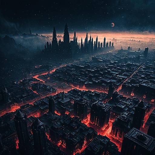 Epic Crimson-City Skyline with Mist and Moon