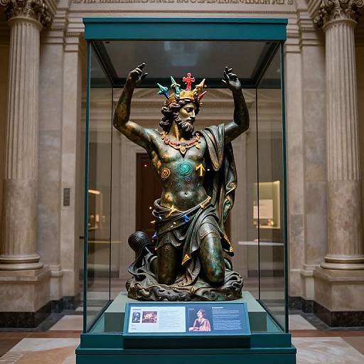 Photograph of a bronze statue of a muscular, crowned deity with ornate jewelry, raised arms, and colorful accents, displayed in a glass case within