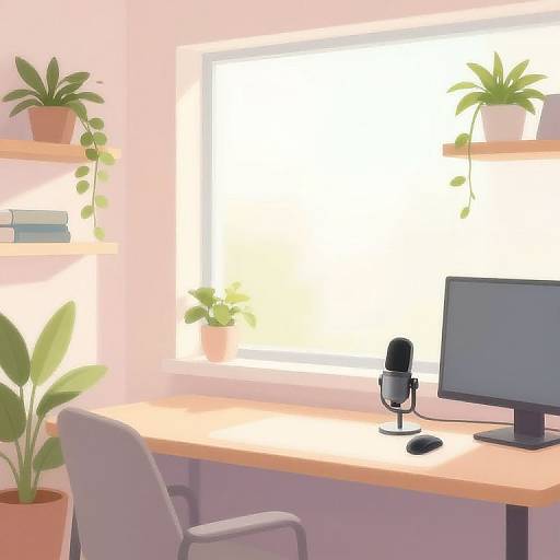 Bright office corner with a wooden desk, gray chair, black microphone, monitor, potted plants on shelves, and a sunlit window.