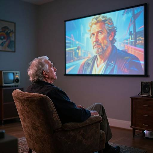 Elderly man with white hair, glasses, and black jacket sits in cozy room, watching large screen TV showing intense, bearded man.