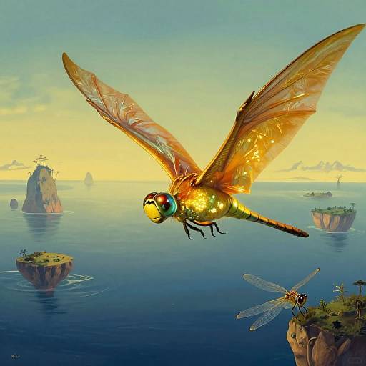 Digital artwork of a vibrant, orange dragonfly with glowing wings soaring over a serene, island-filled ocean at sunset.