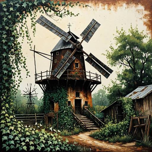 Rustic Windmill with Ivy in Folk Art Style