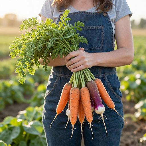 Photograph of a woman in denim overalls holding a bunch of vibrant orange, purple, and white carrots in a sunny garden.