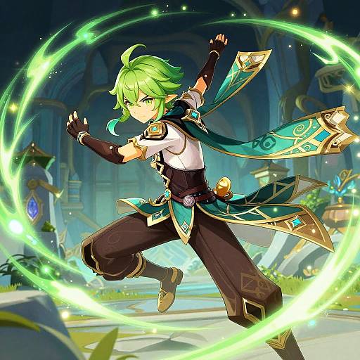 Green-Haired Genshin Battle Pose