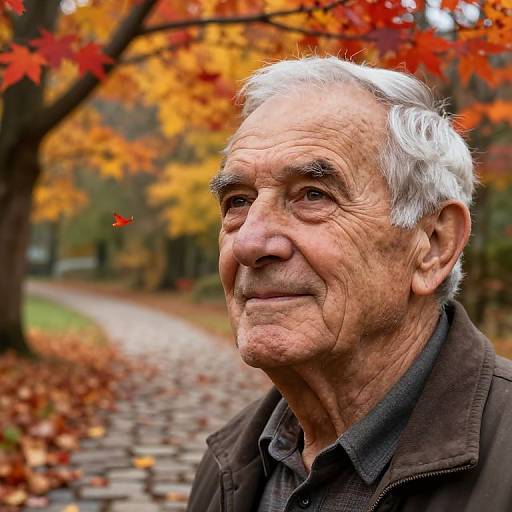 Photograph of an elderly man with white hair and wrinkles, wearing a dark jacket, standing on a cobblestone path in an autumn forest with vibrant