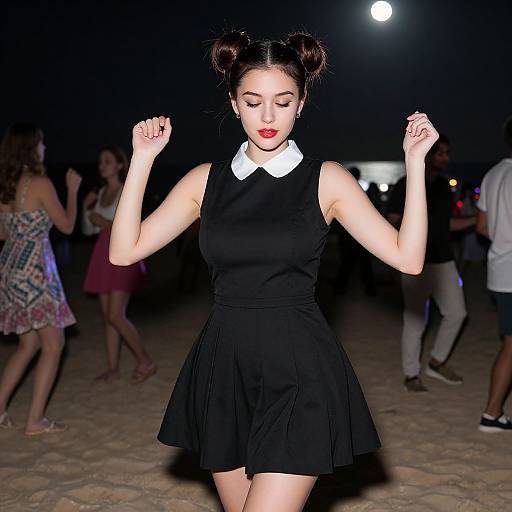 Photograph of a young woman with fair skin, dark hair in double buns, wearing a black sleeveless dress with a white collar, dancing at