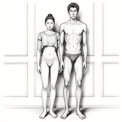 Black-and-white digital drawing of a slim Asian woman in a cropped shirt and panties, standing next to a muscular Asian man in briefs, both bare