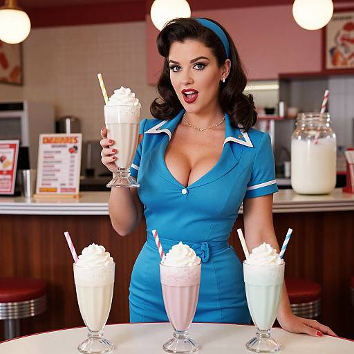 Vintage-style photograph of a curvy woman with dark hair, blue headband, and low-cut blue dress, holding a milkshake, with three milk