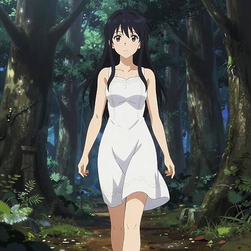 Anime-style digital drawing of a black-haired girl in a white dress walking through a dark, dense forest with glowing light spots.