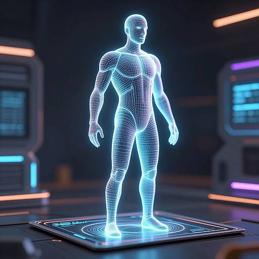 Neon blue wireframe humanoid figure standing on glowing futuristic platform in dark, sci-fi lab with illuminated control panels. CGI image.