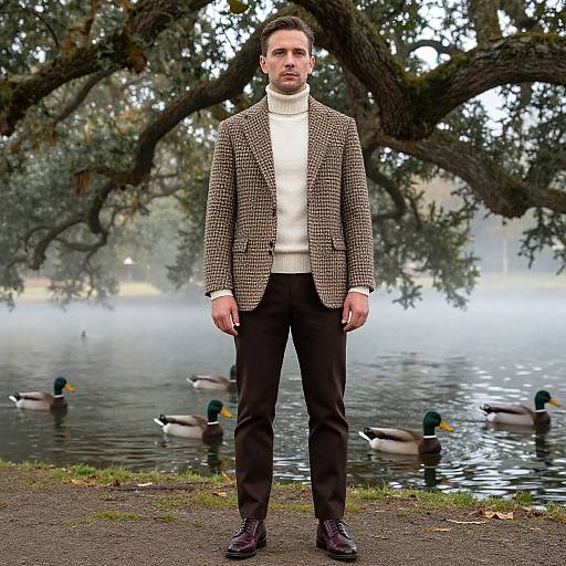 Photograph of a man with short dark hair, wearing a brown checkered blazer, white turtleneck, black pants, and brown shoes,