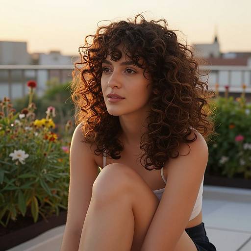 Curly Haired Woman in Rooftop Garden