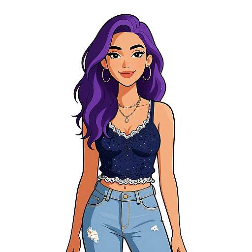 Digital illustration of a smiling woman with purple hair, wearing a black lace-trimmed crop top and blue jeans, accessorized with hoop earrings and a