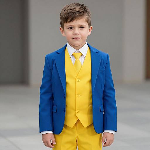 Photograph of a young boy with short brown hair, wearing a bright blue suit jacket, yellow vest, and matching yellow pants with a white shirt and